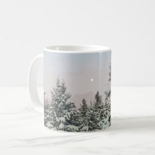 Snow Covered Pine Trees Moon Sunset Coffee Mug