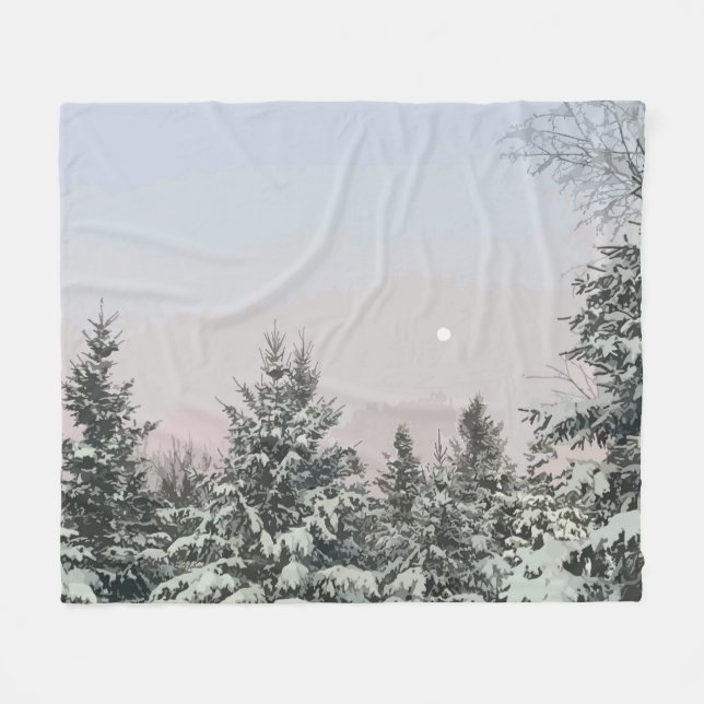 Snow Covered Pine Trees Moon Sunset Fleece Blanket (Front (Horizontal))