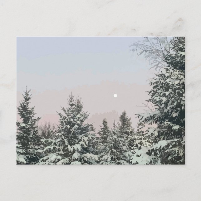Snow Covered Pine Trees Moon Sunset Postcard (Front)