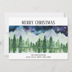 Snow Covered Pine Trees Mountains Night Time Holiday Card