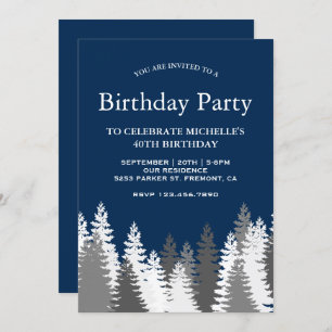 Snow Covered Pine Trees Navy Blue Birthday Party Invitation