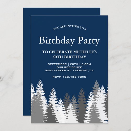 Snow Covered Pine Trees Navy Blue Birthday Party Invitation