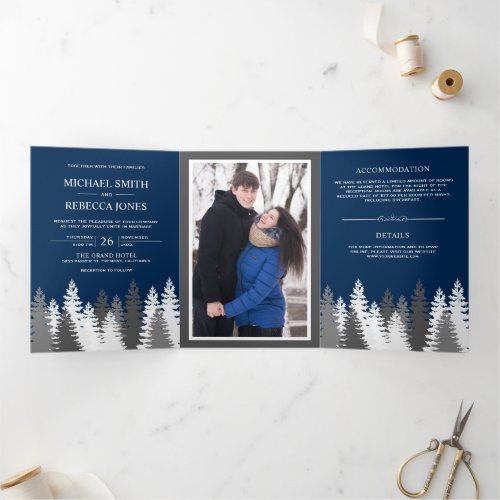 Snow Covered Pine Trees Navy Blue Forest Wedding Tri_Fold Invitation