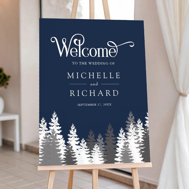 Snow Covered Pine Trees Navy Wedding Welcome Sign (Creator Uploaded)
