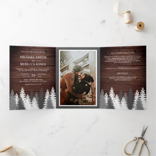 Snow Covered Pine Trees Rustic Wood Forest Wedding Tri_Fold Invitation
