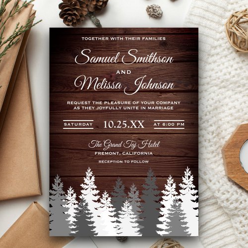Snow Covered Pine Trees Rustic Wood Wedding Invite