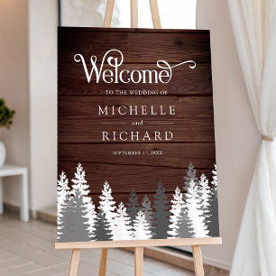 Snow Covered Pine Trees Wood Wedding Welcome Sign