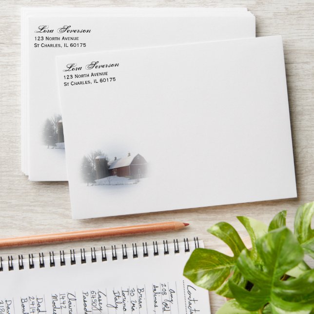Snow Covered Red Barn and Silo Envelope (Stacked)