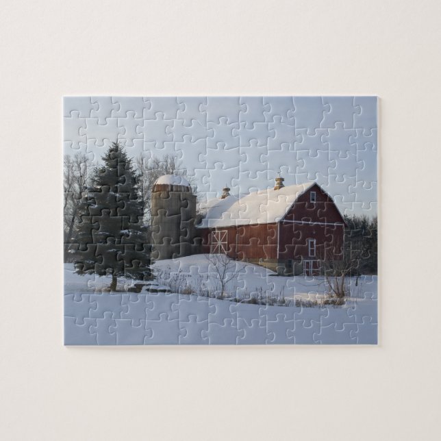 Snow Covered Red Barn in Winter Jigsaw Puzzle (Horizontal)