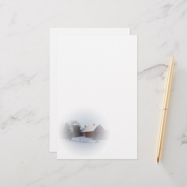 Snow Covered Red Winter Country Barn Stationery (Front/Back In Situ)