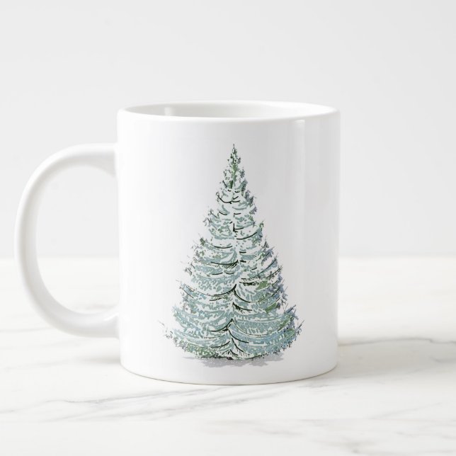 Snow Covered Spruce Tree Illustration Giant Coffee Mug (Left)