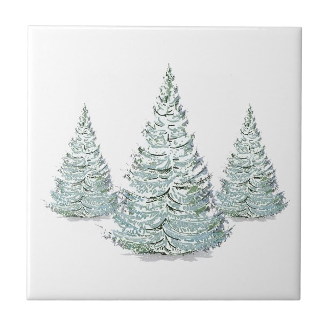 Snow Covered Spruce Trees Illustration Ceramic Tile (Front)