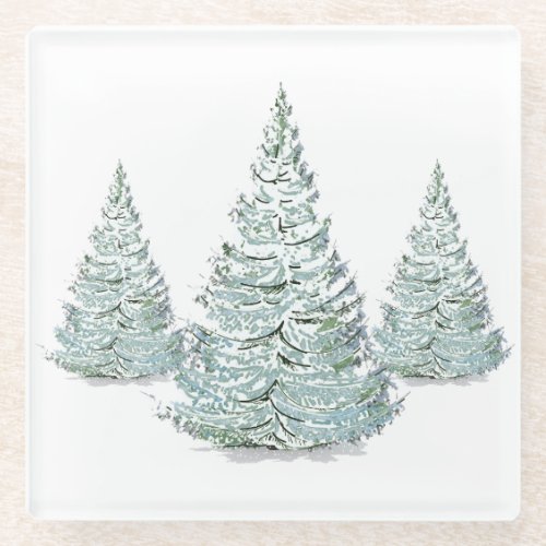 Snow Covered Spruce Trees Illustration Glass Coaster