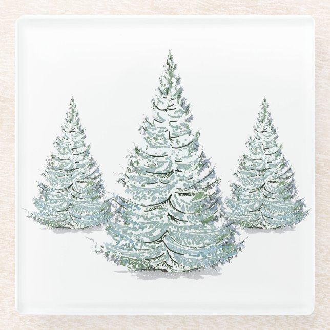 Snow Covered Spruce Trees Illustration Glass Coaster (Front)