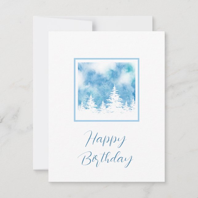 Snow Covered Trees Blue Teal Watercolor Card (Front)