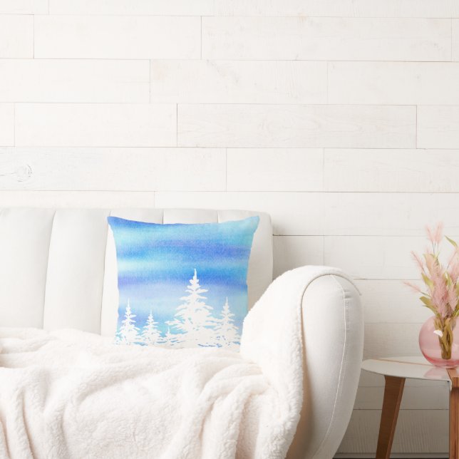 Snow Covered Trees Blue Violet Watercolor Wash  Throw Pillow (Couch)