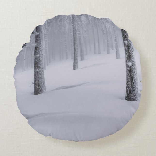 SNOW COVERED TREES DURING DAYTIME ROUND PILLOW (Front)
