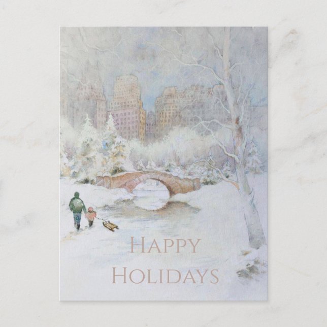 Snow-Covered Watercolor Landscape of New York Postcard (Front)