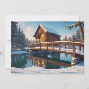 Snow covered wooden bridge holiday card