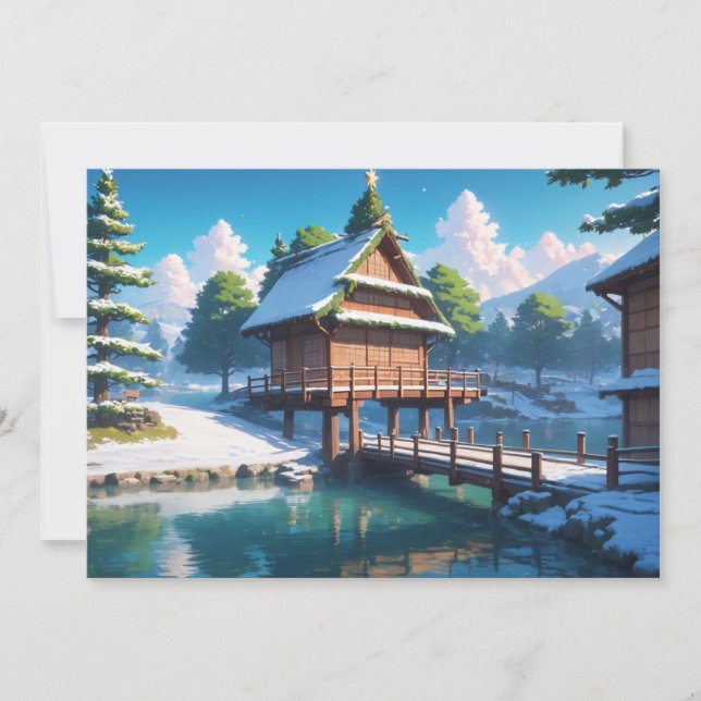 Snow covered wooden bridge holiday card (Front)