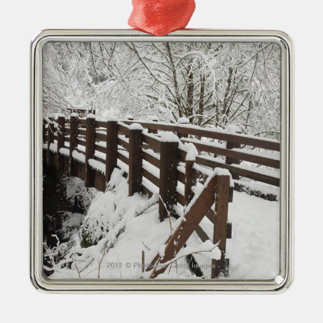 Snow Covered Wooden Bridge Metal Ornament (Front)