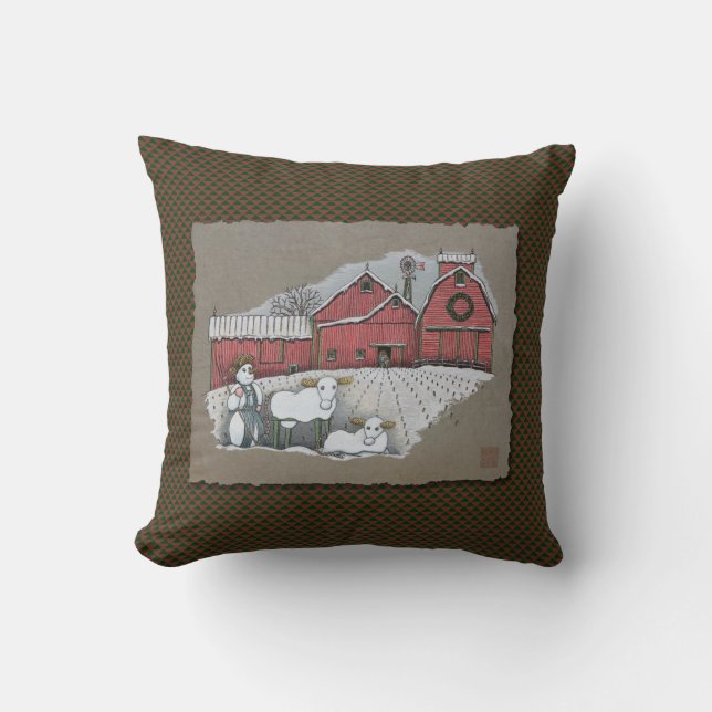 Snow Cows & Barn Throw Pillow (Front)
