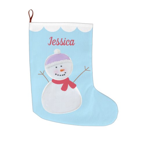 Snow Cute Snowman Custom Name Large Christmas Stocking