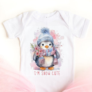Snow Cute Watercolor Penguin Pink Flowers Baby Bodysuit