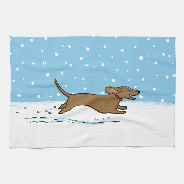 Snow Dachshund - Wiener Dog Christmas Holiday Kitchen Towel (Horizontal)