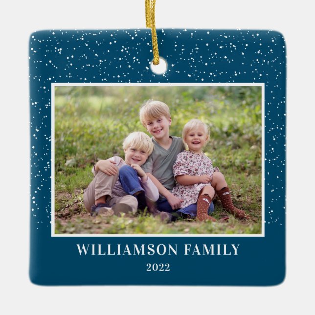 Snow Dark Blue Keepsake Photo Family Ceramic Ornament (Front)