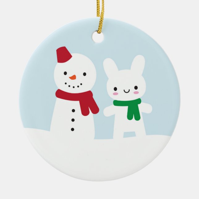 Snow Day - Bunny & Snowman Ceramic Ornament (Front)