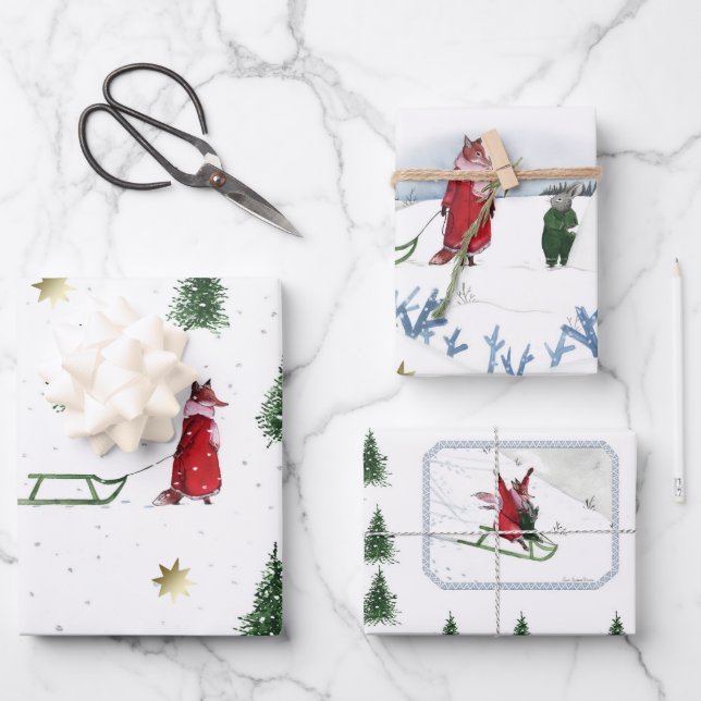 Snow Day Of Fox And Rabbit Illustration Wrapping Paper Sheets (Front)
