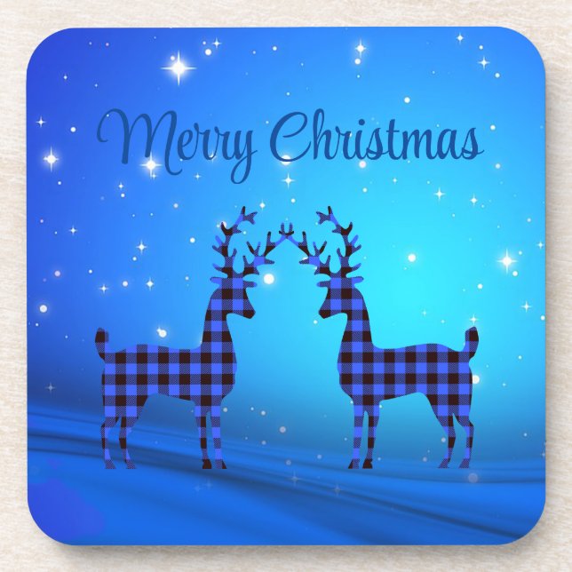 Snow Day with Blue Plaid Reindeer  Beverage Coaster (Front)