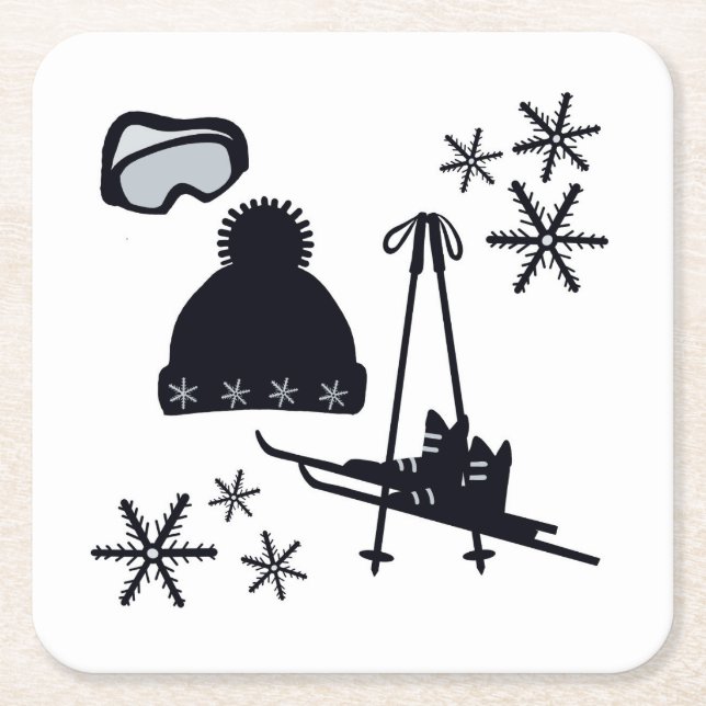 Snow designs of different items square paper coaster (Front)