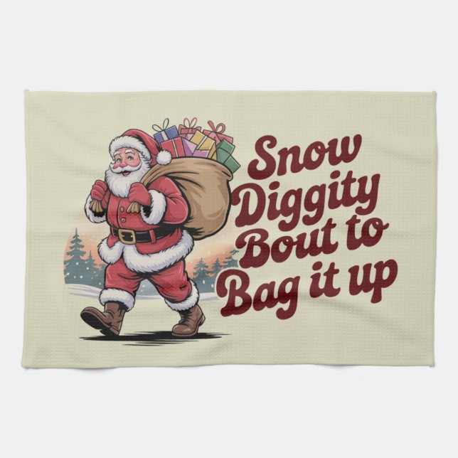 Snow Diggity Bout to Bag It Up 90s Christmas Retro Kitchen Towel (Horizontal)