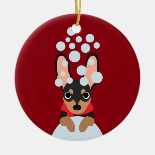 Snow Dog Min Pin Ceramic Ornament