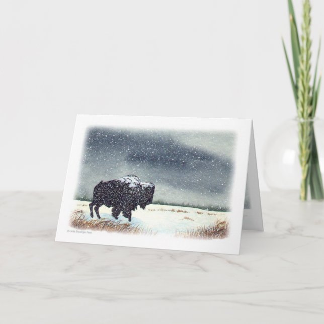 Snow Dusted Bison Watercolor Holiday Card (Front)