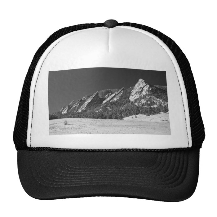 Snow Dusted Flatirons Boulder CO Panorama BW Trucker Hat