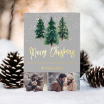 Snow elegant christmas trees family 2 photos Foil Holiday Card<br><div class="desc">A modern hand painted Christmas trees with falling snow  christmas 2 photos family card with hand painted green trees,  snow,  elegant script font on a light editable gray background with real gold foil.</div>