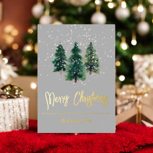 Snow elegant green watercolor christmas trees Foil Holiday Card
