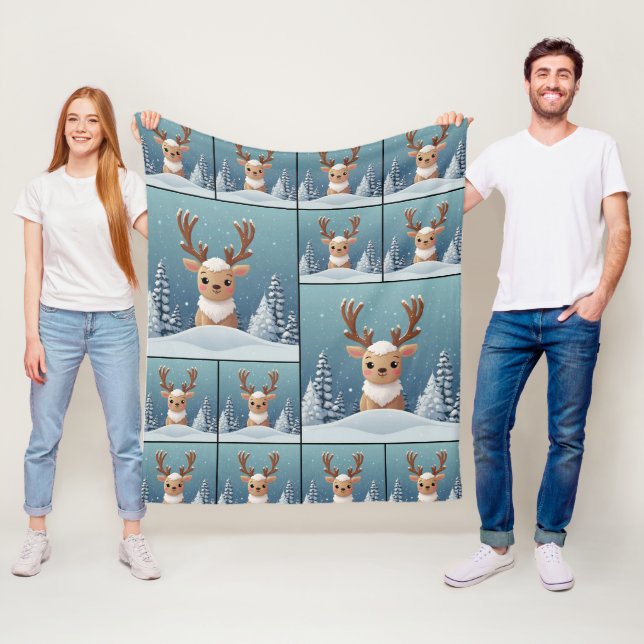 Snow Elk Cute Kawaii Brown Pattern Fleece Blanket (In Situ)