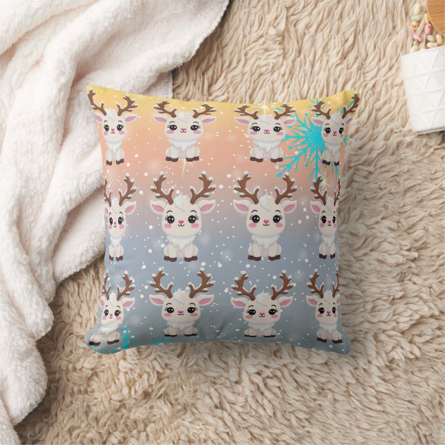 Snow Elk Cute Kawaii Pattern Throw Pillow (Blanket)