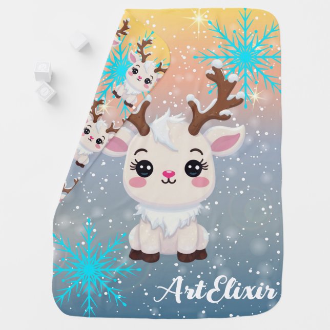Snow Elk Cute Kawaii Print Baby Blanket (In Situ)