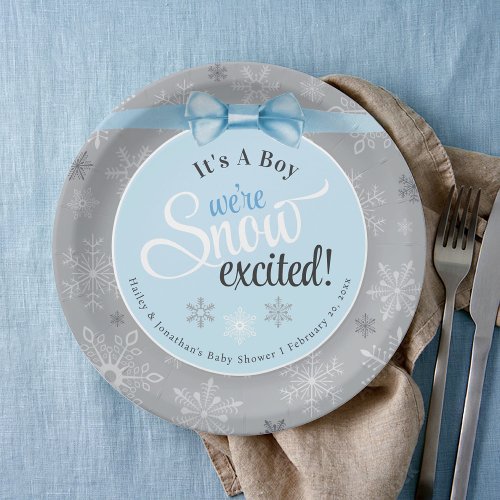 Snow Excited Baby Boy Blue  Gray Snowflake Shower Paper Plates