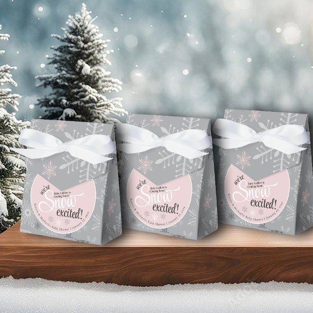 Snow Excited Baby Girl Pink Gray Snowflake Shower Favor Boxes (We're Snow Excited Baby name is coming soon! Baby girl winter shower pink & gray snowflake favor box)