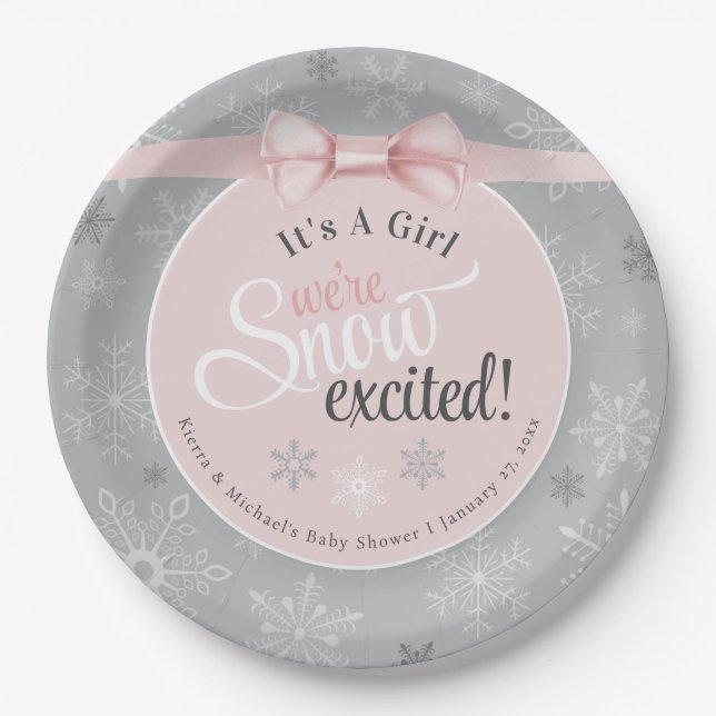 Snow Excited Baby Girl Pink Gray Snowflake Shower Paper Plates (Front)