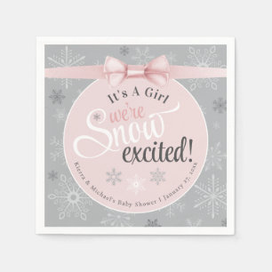 Snow Excited Baby Its A Girl Pink Snowflake Shower Napkins