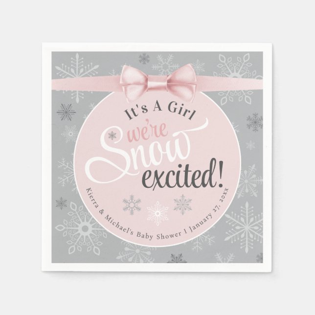 Snow Excited Baby Its A Girl Pink Snowflake Shower Napkins (Front)