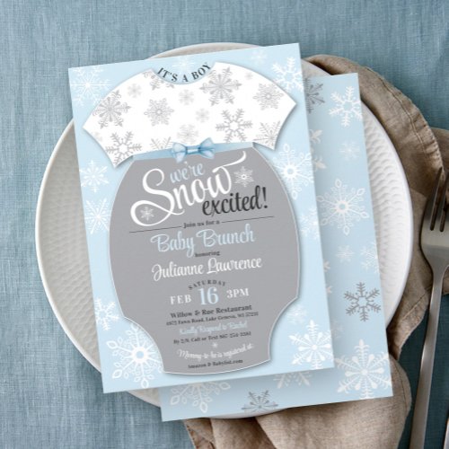 Snow Excited Baby Shower Blue Snowflake Its A Boy Invitation