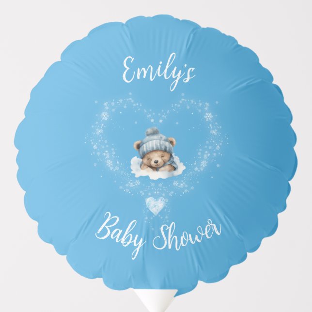 Snow Excited Blue Teddy Bear Baby Shower Balloon (Front)